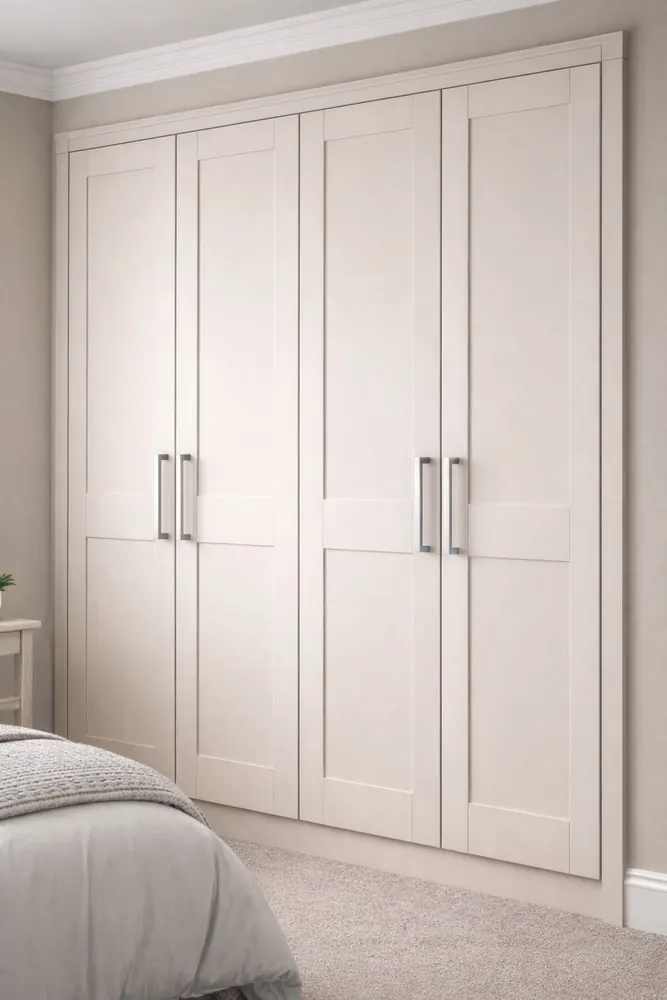Cream shaker-style fitted wardrobe with chrome handles